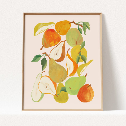 Still life art print of whole and sliced pears arranged in a colorful composition.