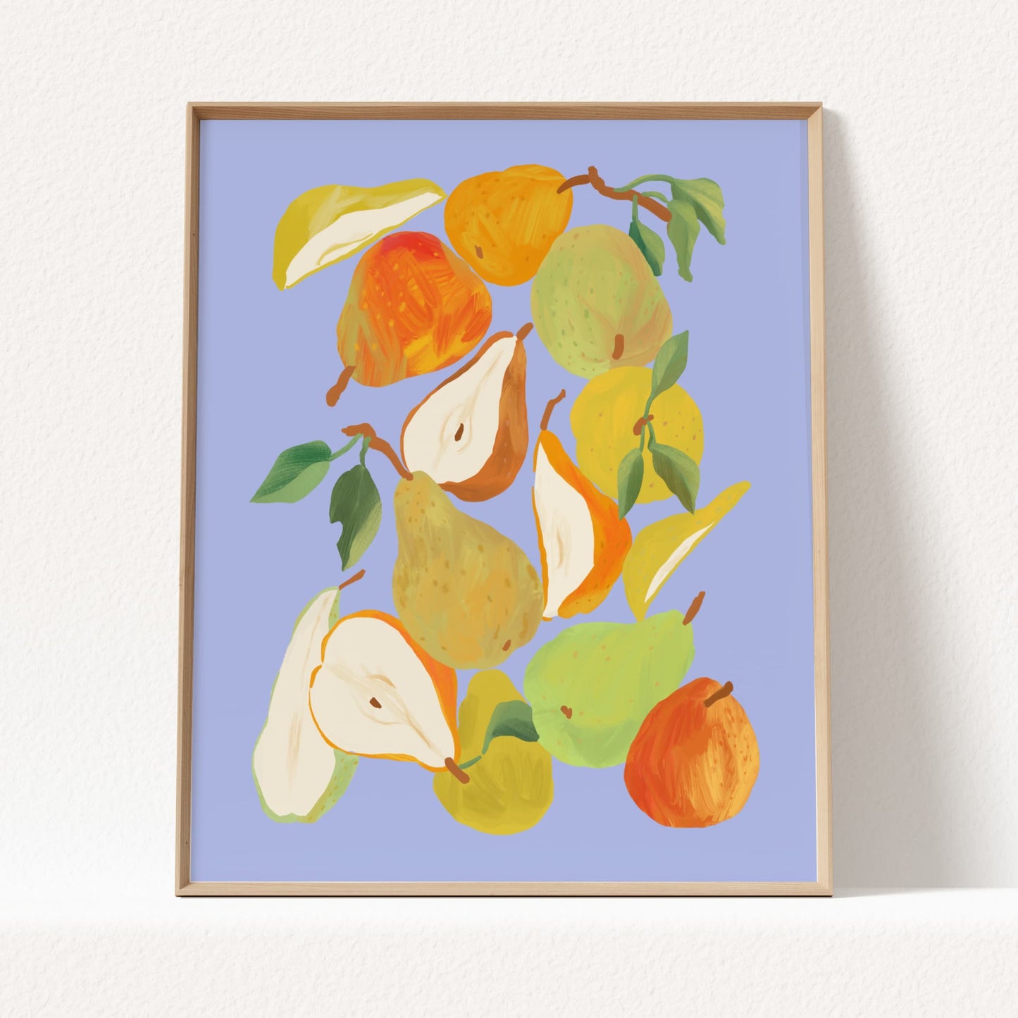 Illustration of pears, both whole and cut, ideal for kitchen or dining room decor.