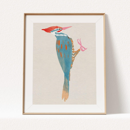 A whimsical art print of a Pileated Woodpecker, illustrated in vibrant colors and playful details. The bird is perched in a natural setting, capturing its bold features and lively spirit—an artistic tribute to this striking forest visitor.