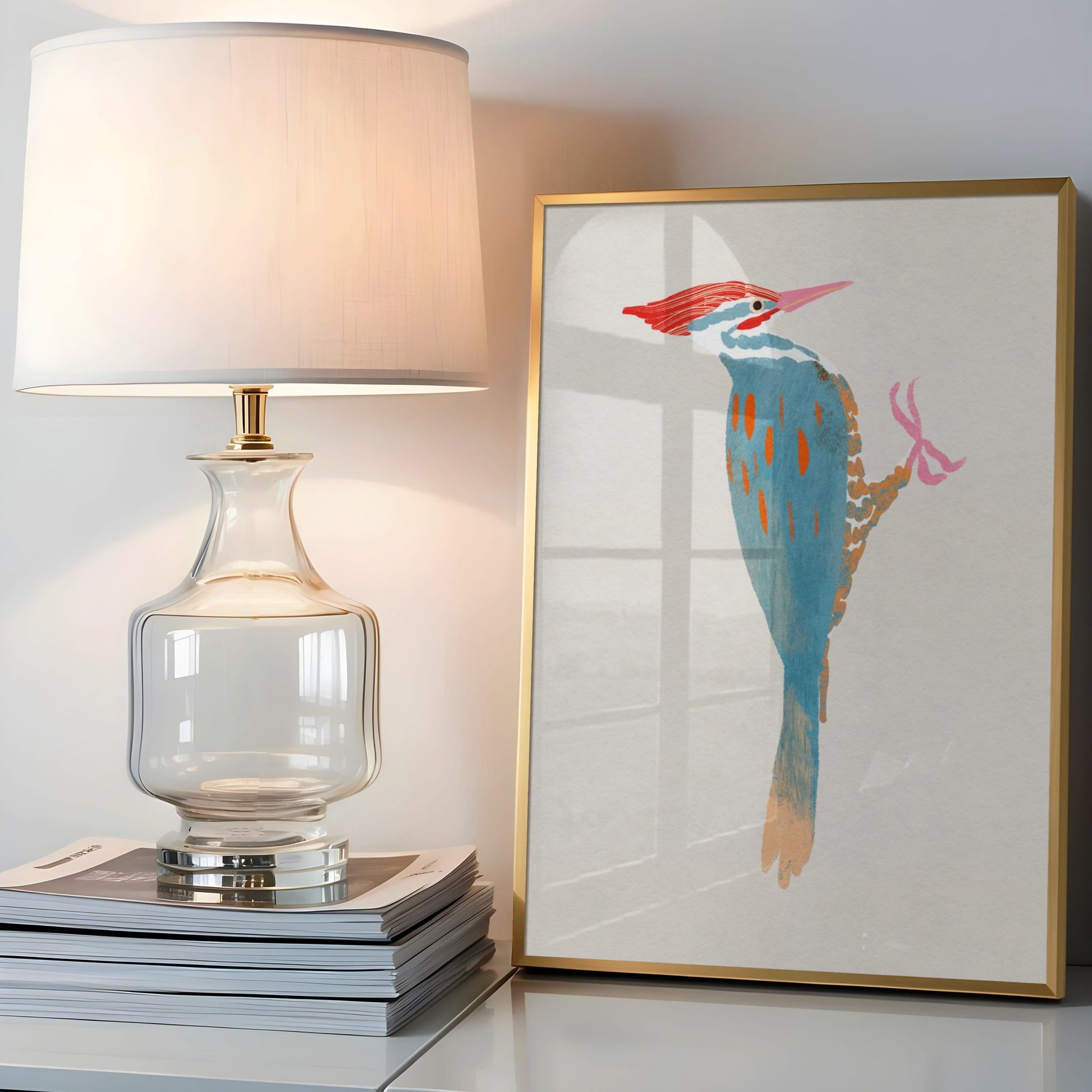 A whimsical art print of a Pileated Woodpecker, illustrated in vibrant colors and playful details. The bird is perched in a natural setting, capturing its bold features and lively spirit—an artistic tribute to this striking forest visitor.