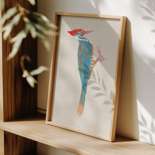 A whimsical art print of a Pileated Woodpecker, illustrated in vibrant colors and playful details. The bird is perched in a natural setting, capturing its bold features and lively spirit—an artistic tribute to this striking forest visitor.