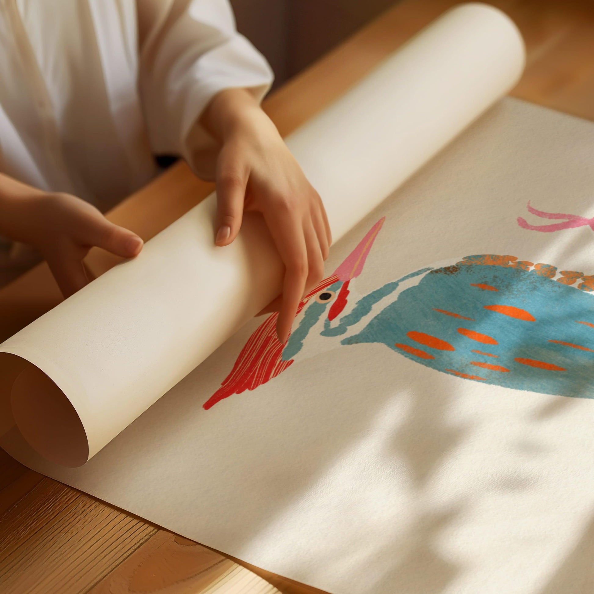 A whimsical art print of a Pileated Woodpecker, illustrated in vibrant colors and playful details. The bird is perched in a natural setting, capturing its bold features and lively spirit—an artistic tribute to this striking forest visitor.