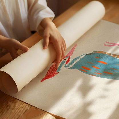 A whimsical art print of a Pileated Woodpecker, illustrated in vibrant colors and playful details. The bird is perched in a natural setting, capturing its bold features and lively spirit—an artistic tribute to this striking forest visitor.