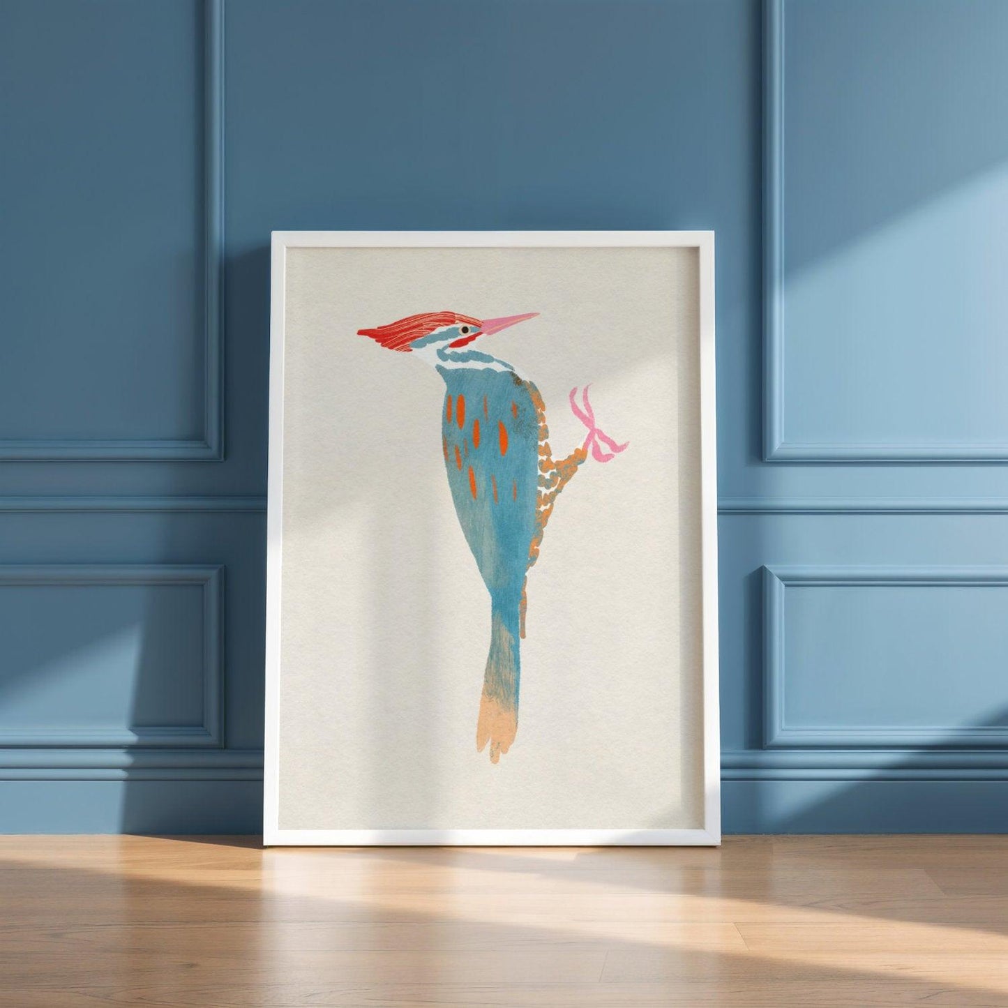 A whimsical art print of a Pileated Woodpecker, illustrated in vibrant colors and playful details. The bird is perched in a natural setting, capturing its bold features and lively spirit—an artistic tribute to this striking forest visitor.