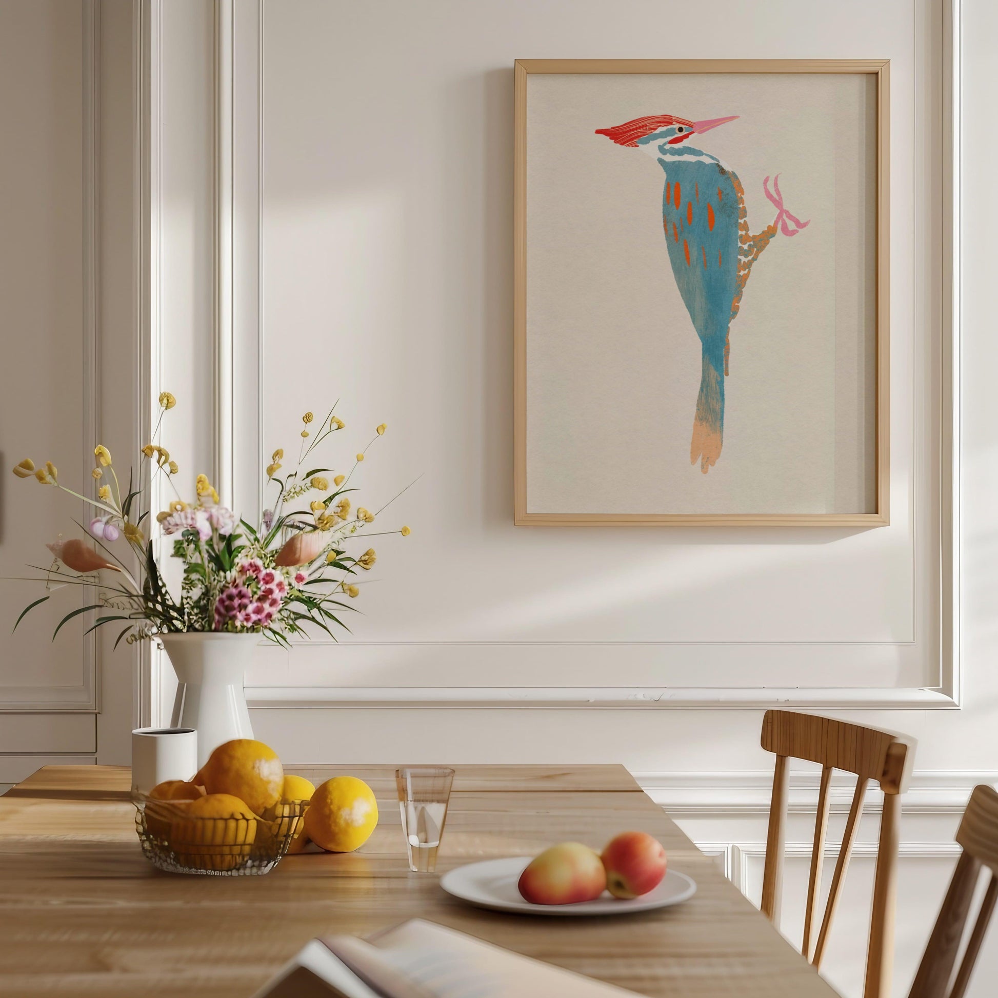 A whimsical art print of a Pileated Woodpecker, illustrated in vibrant colors and playful details. The bird is perched in a natural setting, capturing its bold features and lively spirit—an artistic tribute to this striking forest visitor.