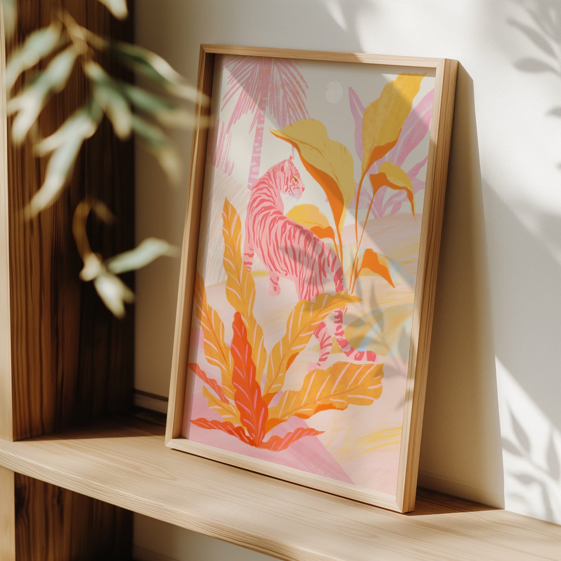 Art print featuring a tiger in pink jungle by Sun Lee