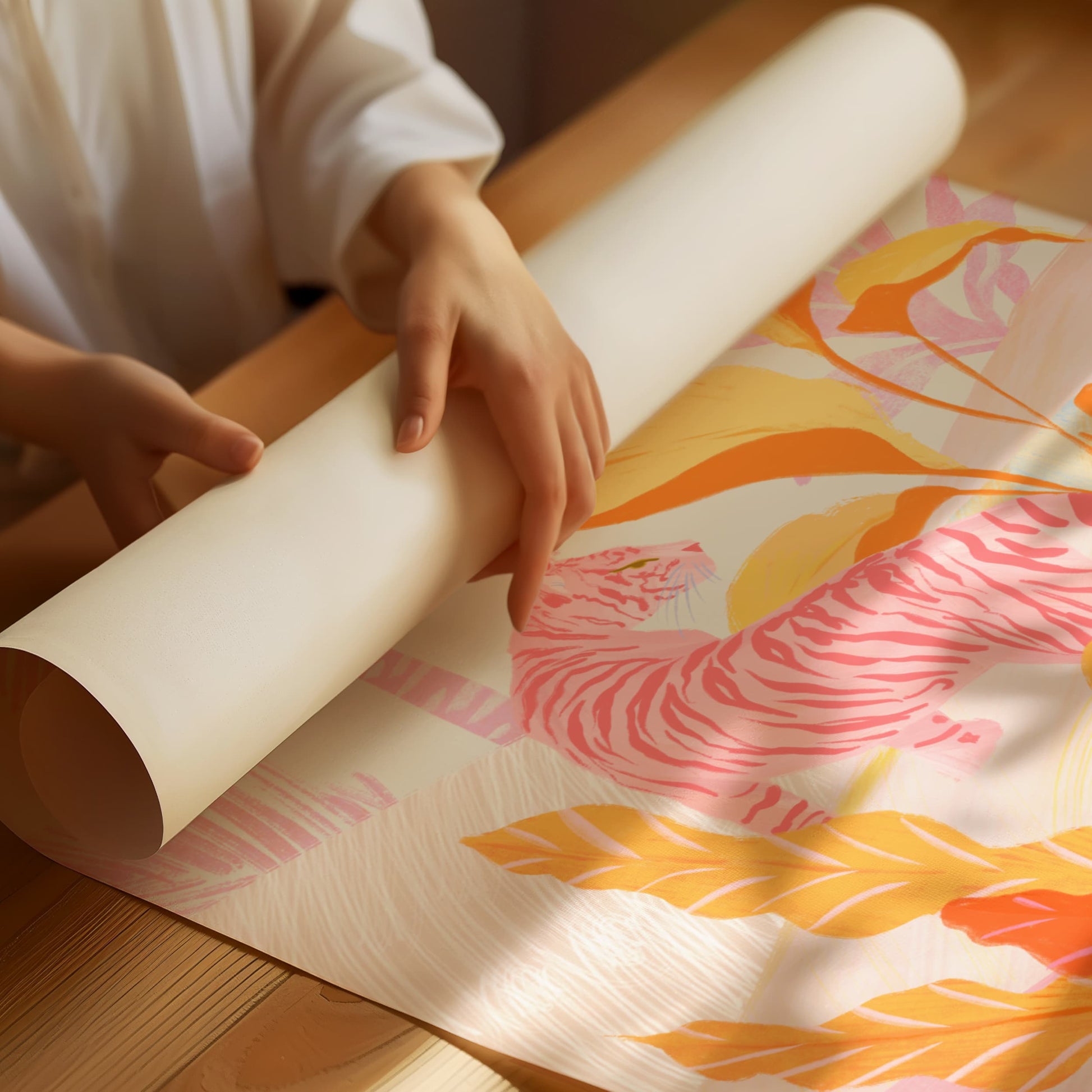 Art print featuring a tiger in pink jungle by Sun Lee
