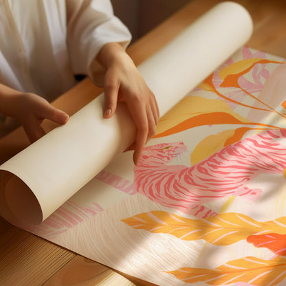 Art print featuring a tiger in pink jungle by Sun Lee