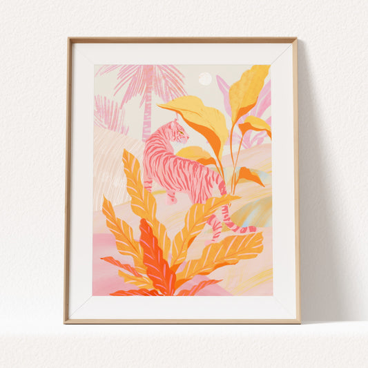 Art print featuring a tiger in pink jungle by Sun Lee