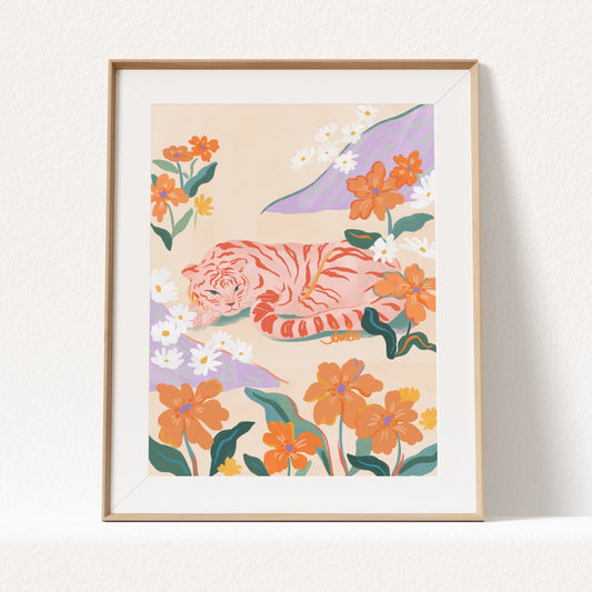Pink tiger lying peacefully in a colorful flower garden with whimsical, playful textures.