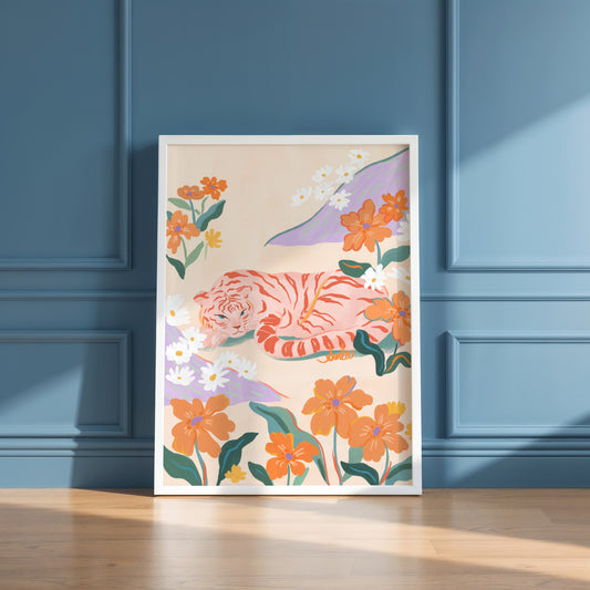 Pink tiger lying peacefully in a colorful flower garden with whimsical, playful textures.