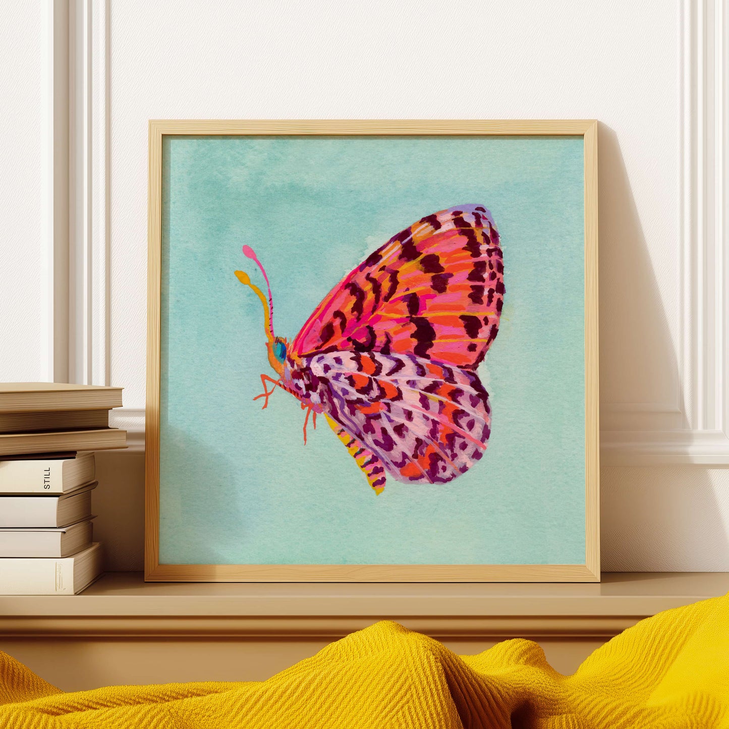 Pink butterfly art print painted in gouache and watercolor on a light teal background