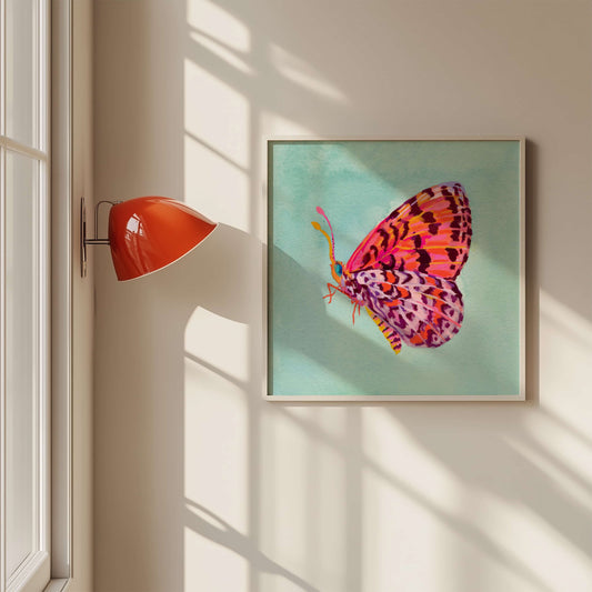 Pink butterfly art print painted in gouache and watercolor on a light teal background