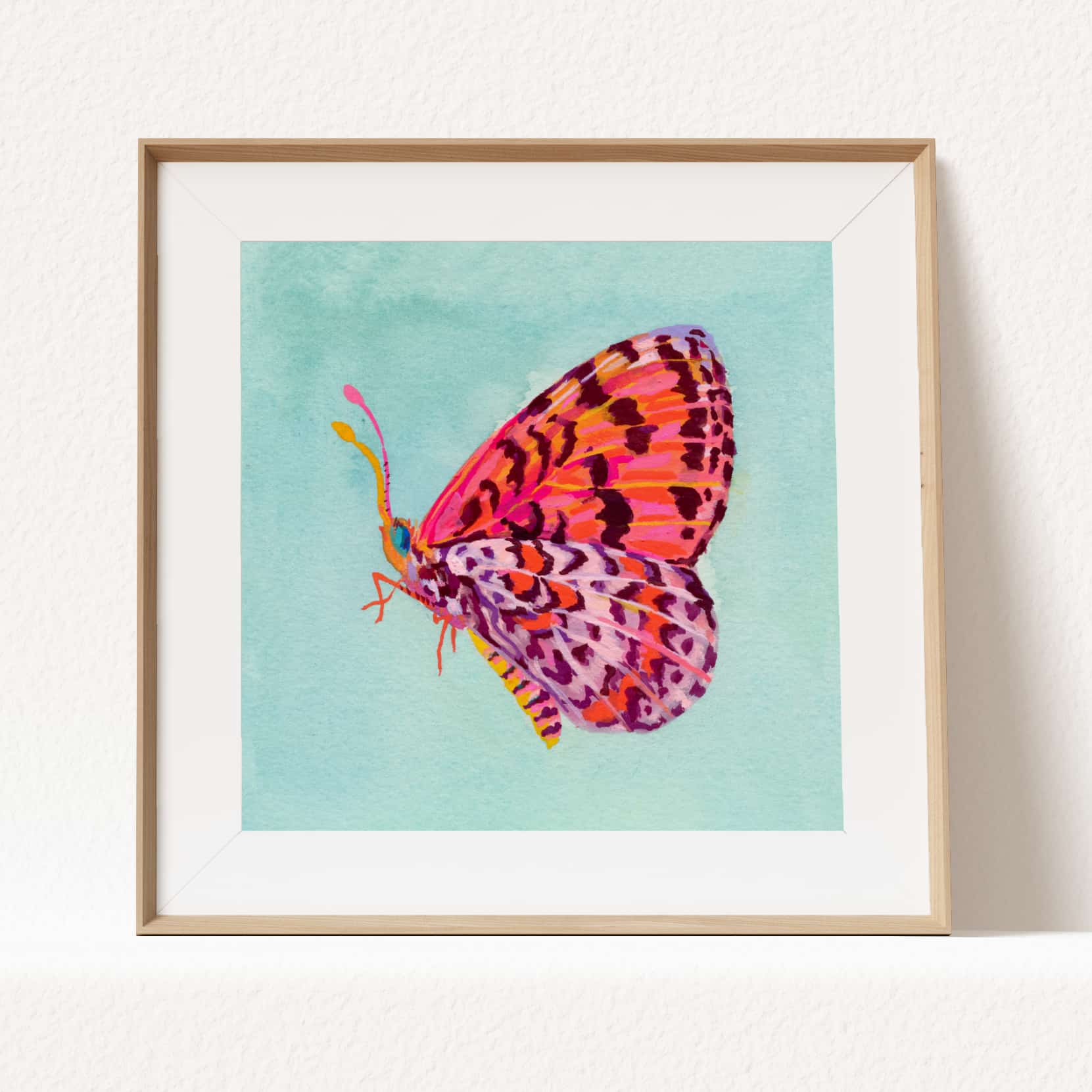 Pink butterfly art print painted in gouache and watercolor on a light teal background