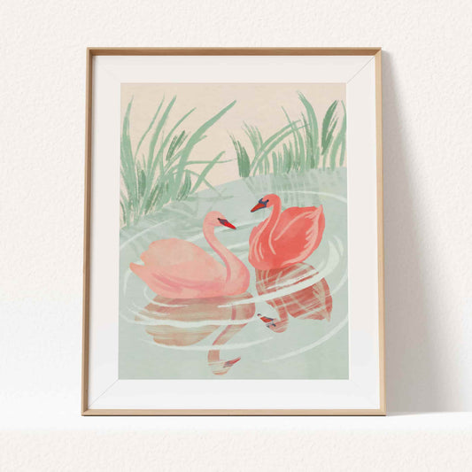 Two pink swans floating peacefully on a calm lake in soft pastel tones.
