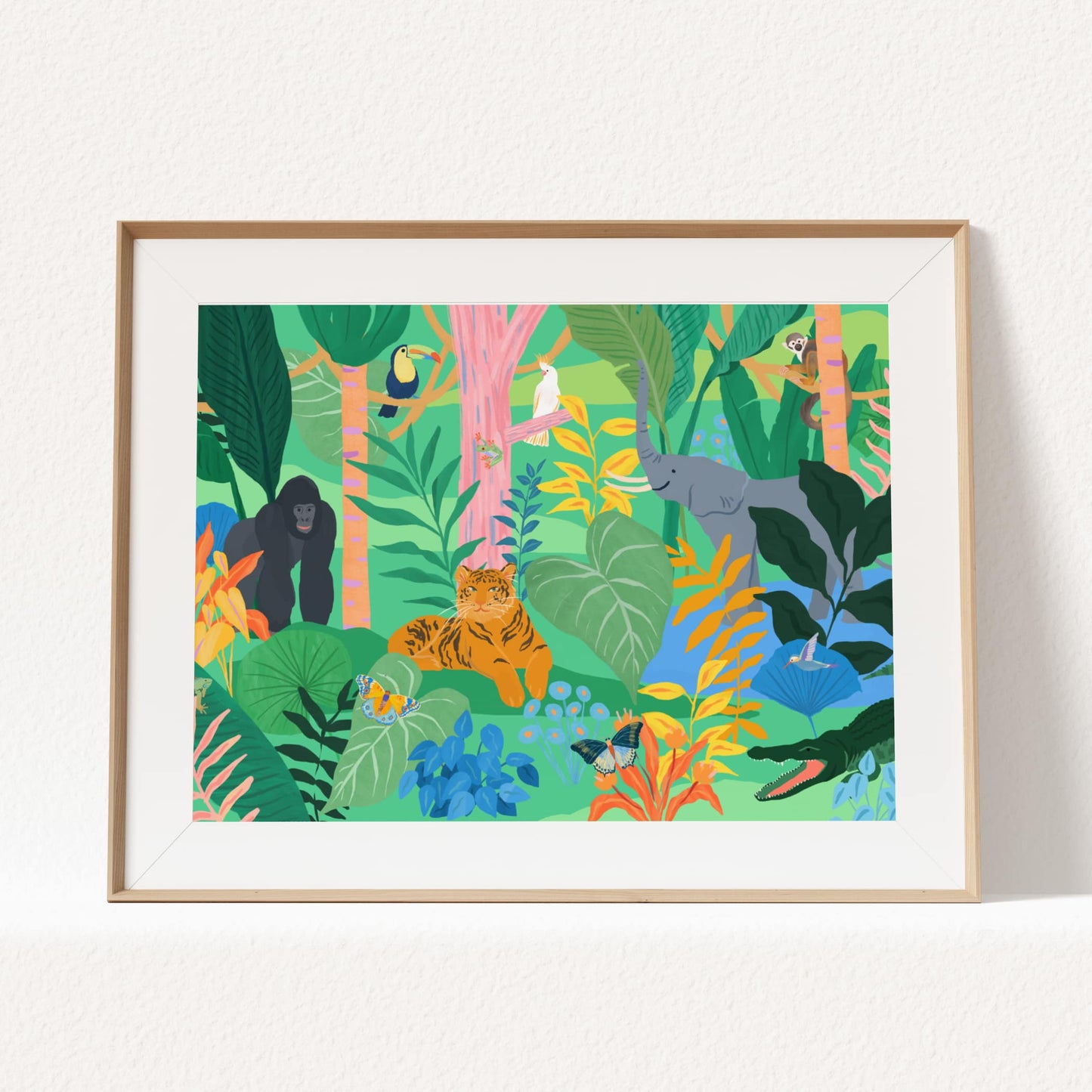 Playful wall art for kids featuring jungle animals like elephants, tigers and monkeys. Vibrant and lively jungle illustration for playroom wall.