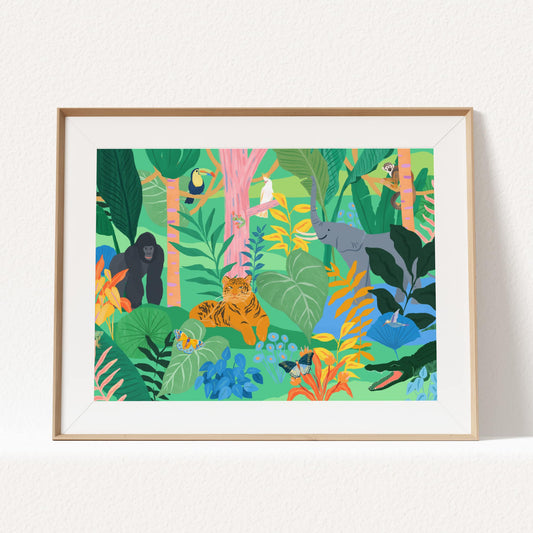 Playful wall art for kids featuring jungle animals like elephants, tigers and monkeys. Vibrant and lively jungle illustration for playroom wall.