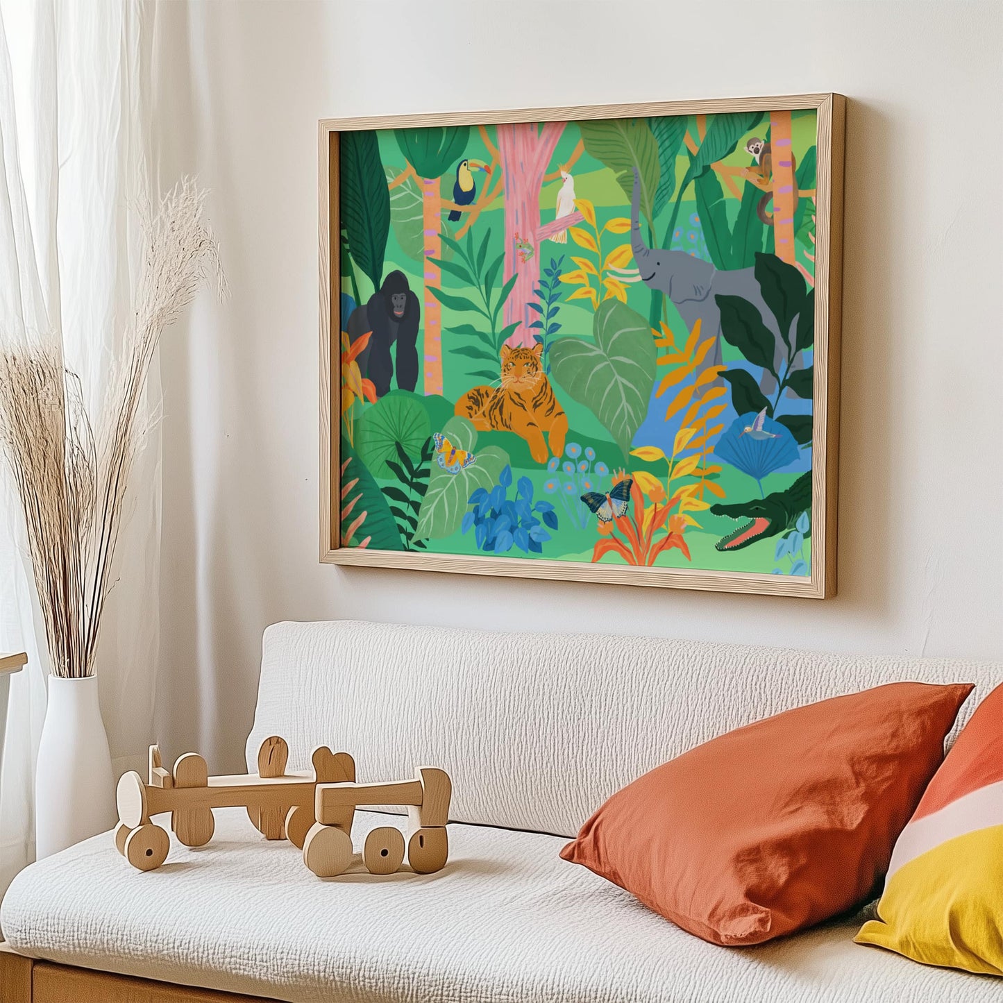 Playful wall art for kids featuring jungle animals like elephants, tigers and monkeys. Vibrant and lively jungle illustration for playroom wall.