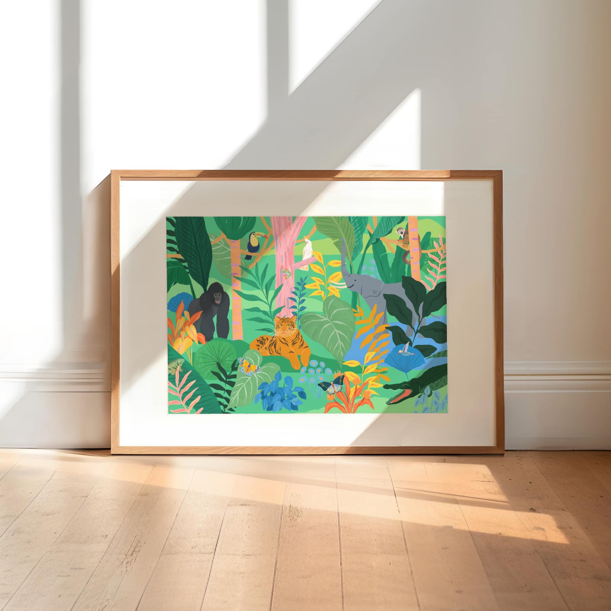 Playful wall art for kids featuring jungle animals like elephants, tigers and monkeys. Vibrant and lively jungle illustration for playroom wall.