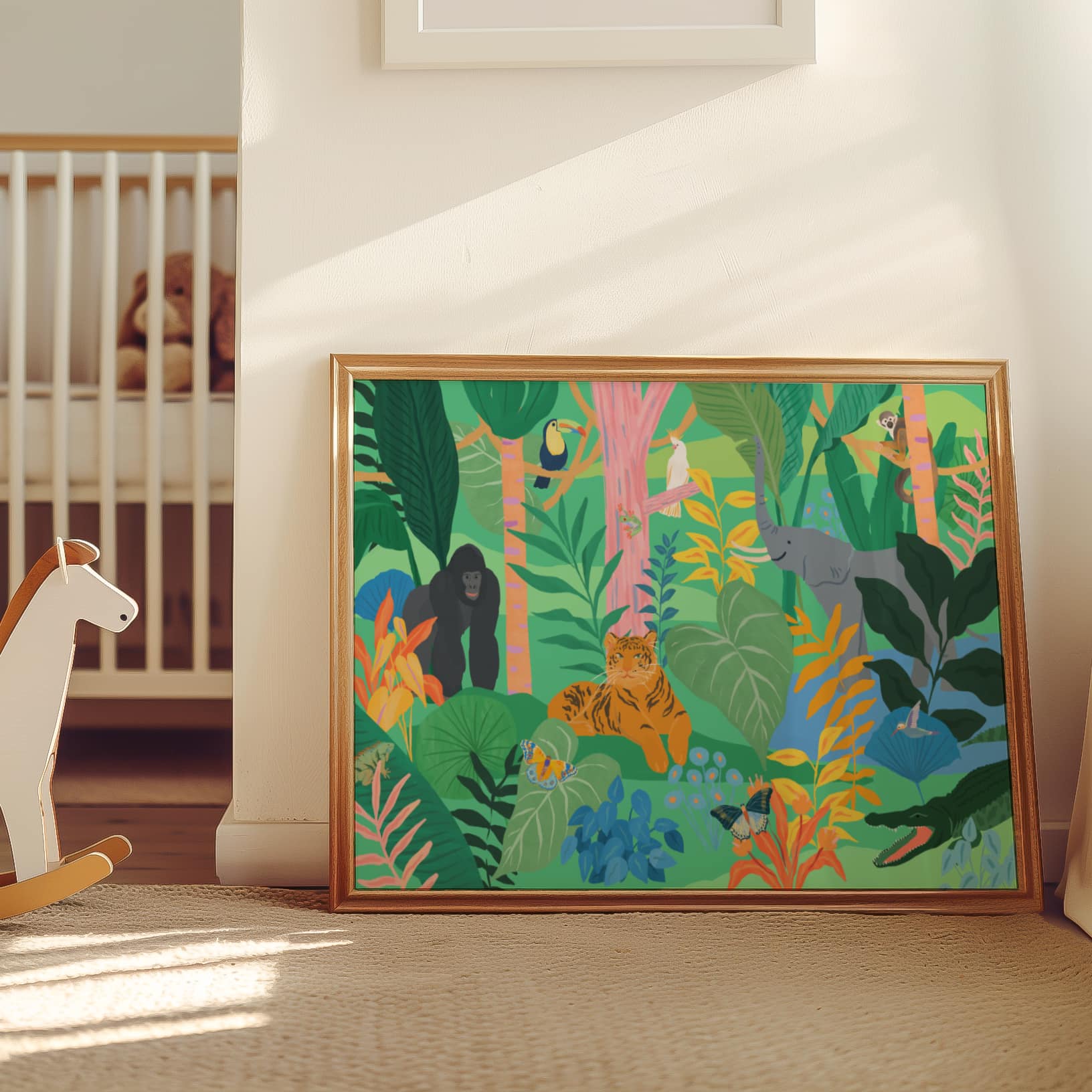 Playful wall art for kids featuring jungle animals like elephants, tigers and monkeys. Vibrant and lively jungle illustration for nursery wall.