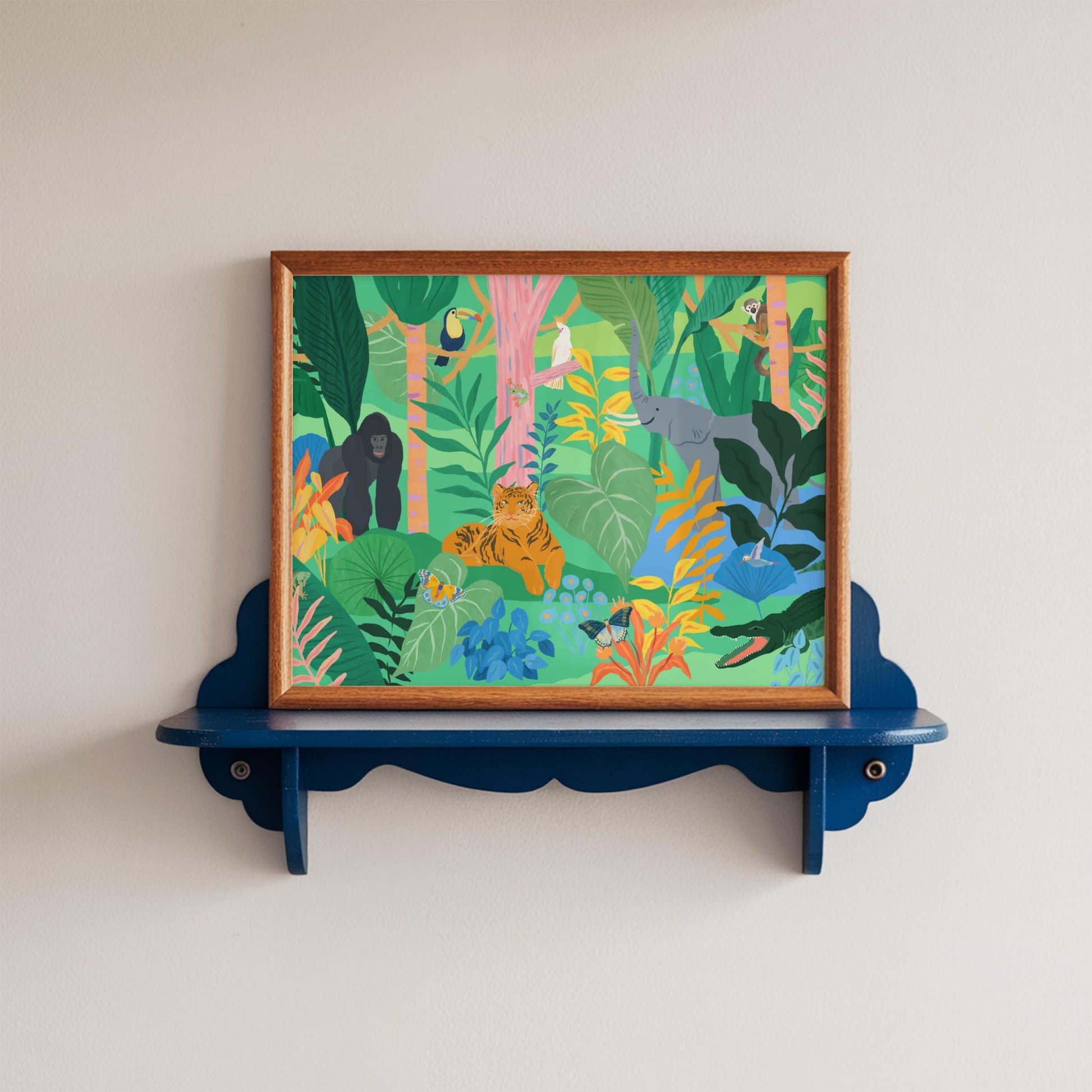 Playful wall art for kids featuring jungle animals like elephants, tigers and monkeys. Vibrant and lively jungle illustration for playroom wall.