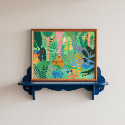 Playful wall art for kids featuring jungle animals like elephants, tigers and monkeys. Vibrant and lively jungle illustration for playroom wall.