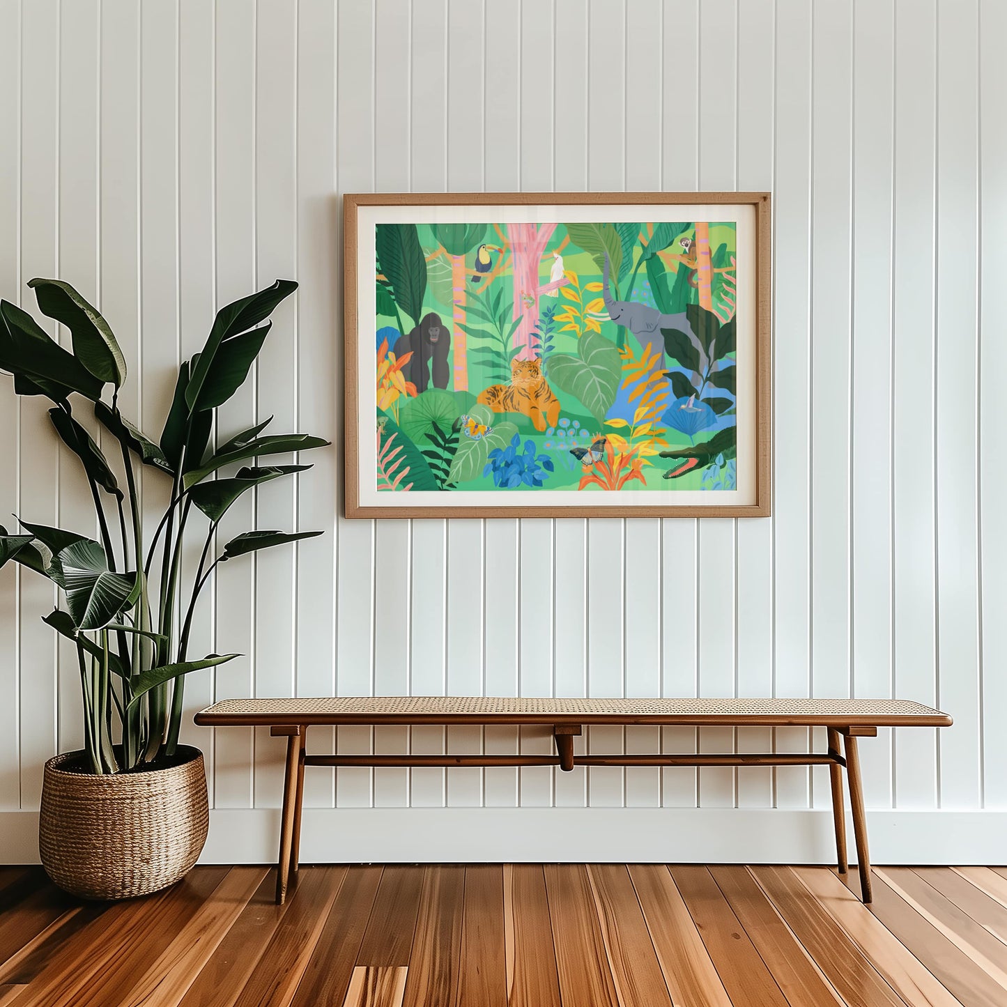 Playful wall art for kids featuring jungle animals like elephants, tigers and monkeys. Vibrant and lively jungle illustration for playroom wall.