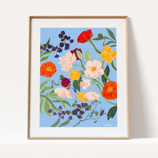 Colorful art print of poppy flowers and assorted florals in a bright, cheerful palette by Sun Lee Art.