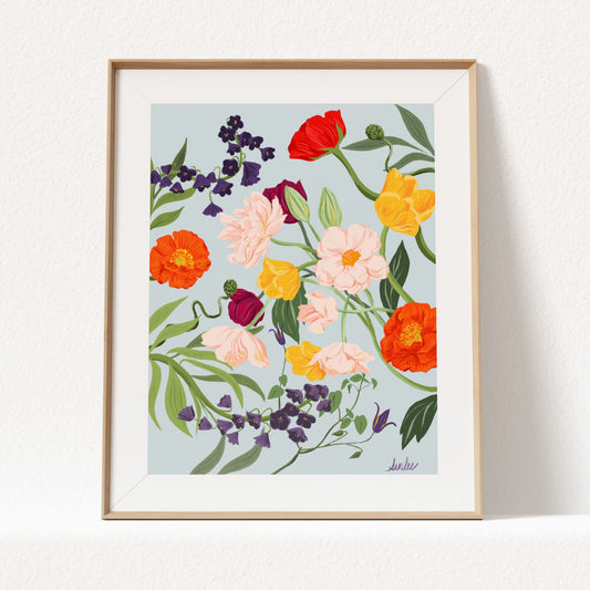 Colorful illustration of poppy flowers and assorted florals in a bright, cheerful palette.