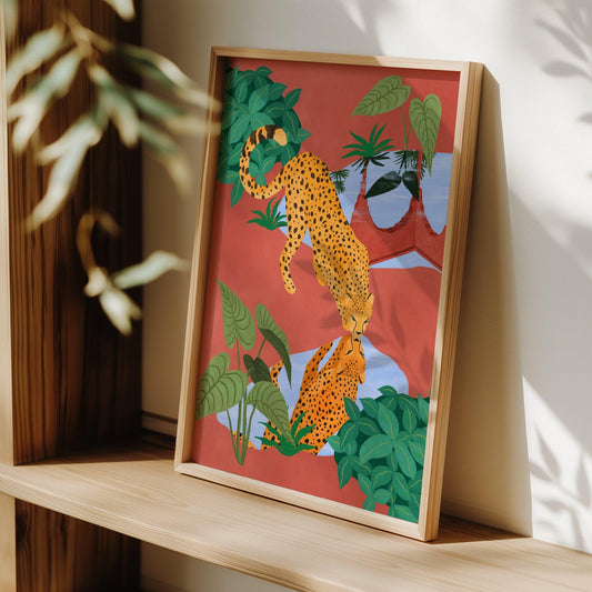 Illustration of a cheetah drinking water from a serene pond, with a beautiful reflection – earthy mud tones and vibrant greens in tranquil nature art print for modern home decor