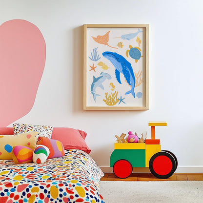 Ocean animal Giclée print featuring whale, shark, sea turtle, narwhal, and more—fun sea art for kids room wall decor.