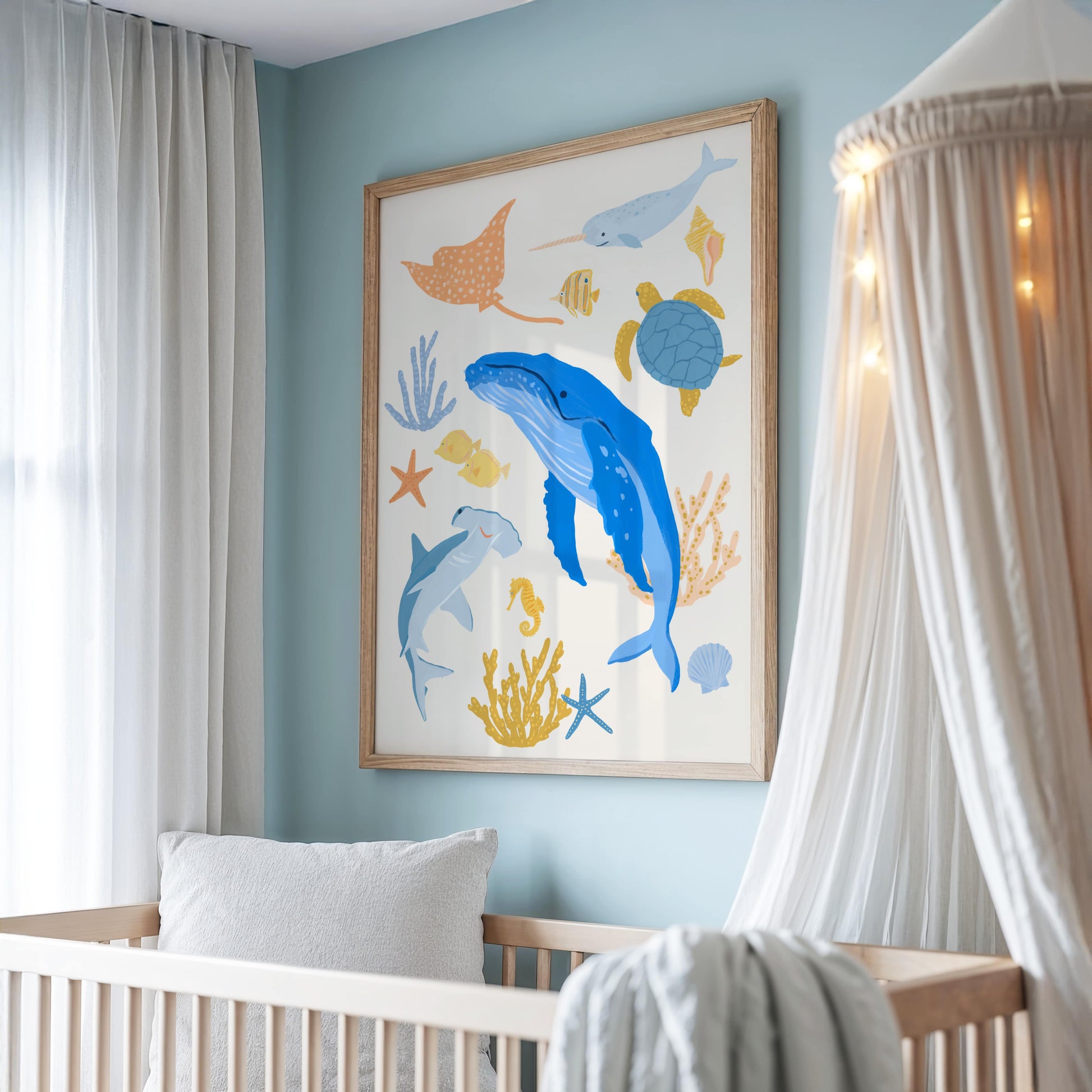 Ocean animal Giclée print featuring whale, shark, sea turtle, narwhal, and more—fun sea art for kids room wall decor.