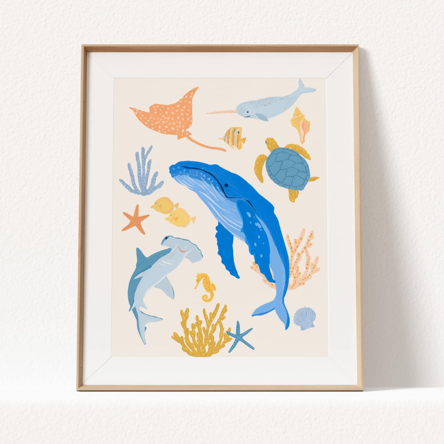 Ocean animal Giclée print featuring whale, shark, sea turtle, narwhal, and more—fun sea art for kids room wall decor.