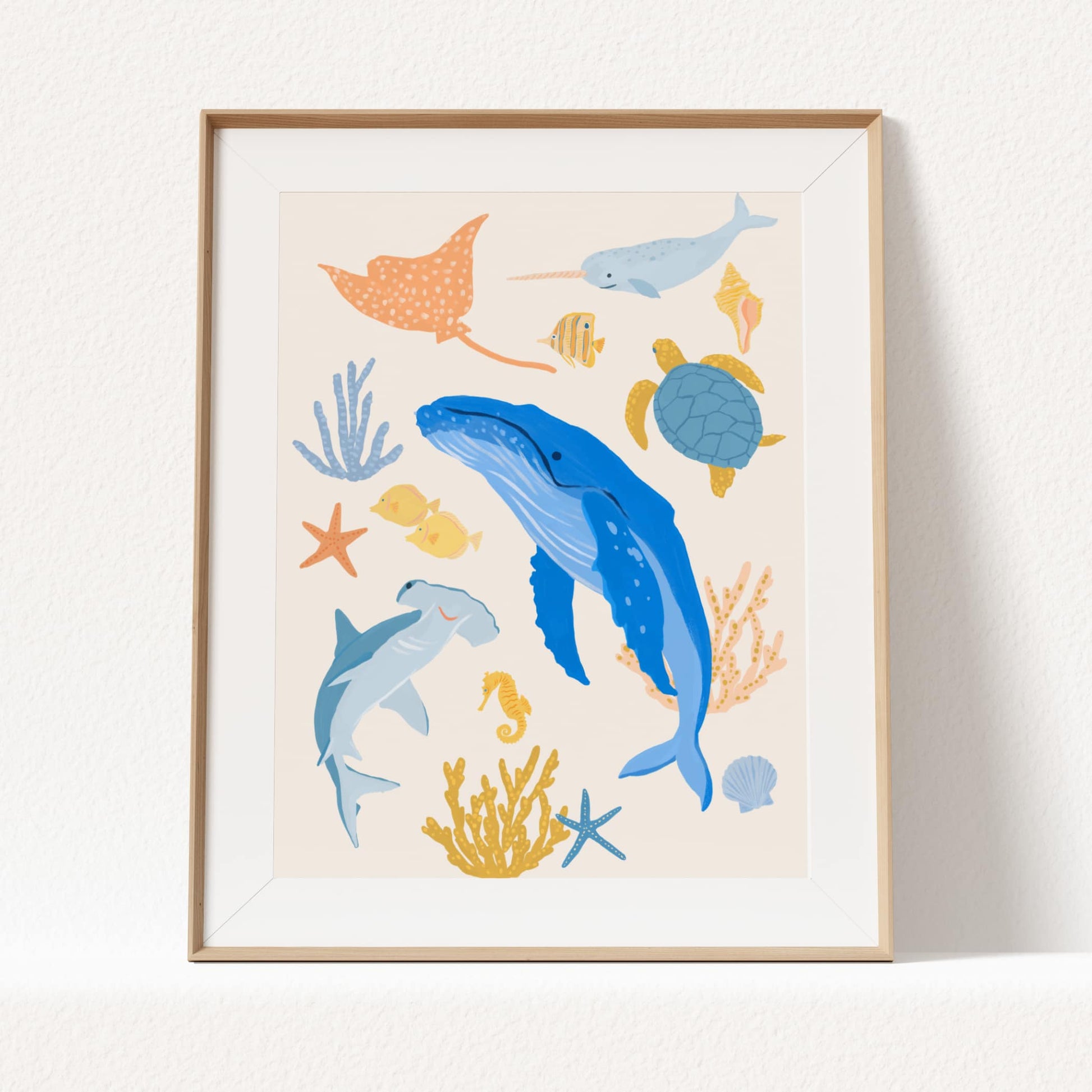 Ocean animal Giclée print featuring whale, shark, sea turtle, narwhal, and more—fun sea art for kids room wall decor.