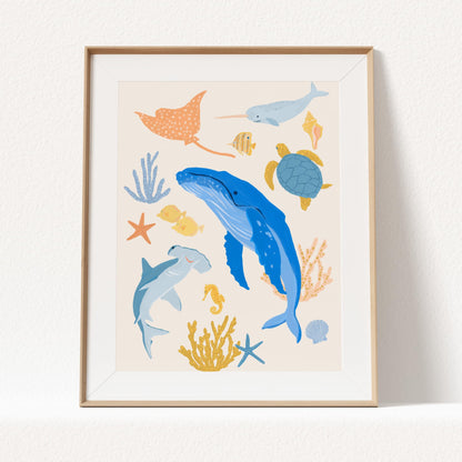 Ocean animal Giclée print featuring whale, shark, sea turtle, narwhal, and more—fun sea art for kids room wall decor.
