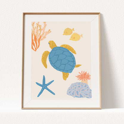 Cute ocean-themed art print for children featuring a friendly sea turtle – perfect for creating a fun and cohesive under-the-sea theme with other sea animal prints