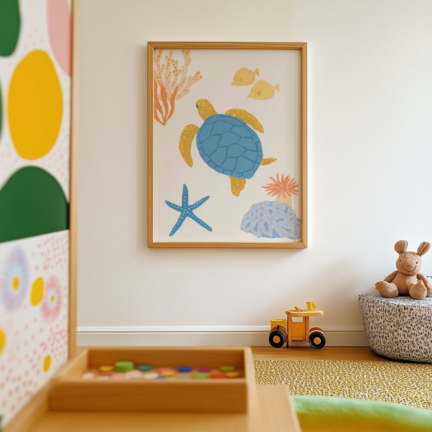 Cute ocean-themed art print for children featuring a friendly sea turtle – perfect for creating a fun and cohesive under-the-sea theme with other sea animal prints