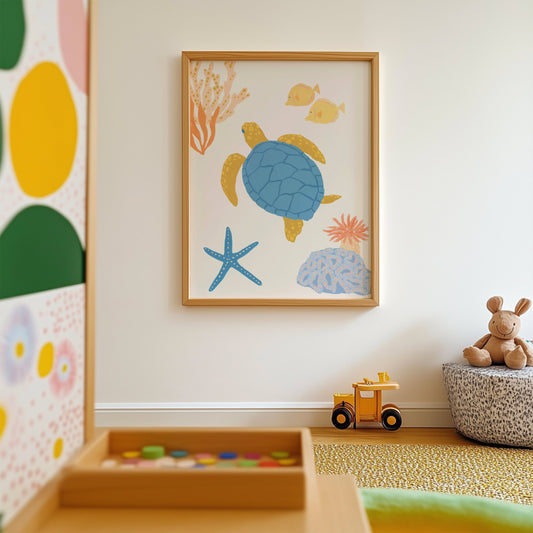 Cute ocean-themed art print for children featuring a friendly sea turtle – perfect for creating a fun and cohesive under-the-sea theme with other sea animal prints