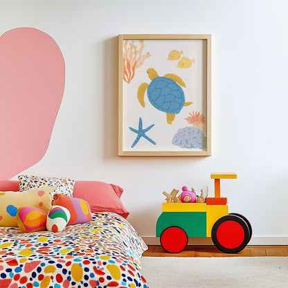 Cute ocean-themed art print for children featuring a friendly sea turtle – perfect for creating a fun and cohesive under-the-sea theme with other sea animal prints