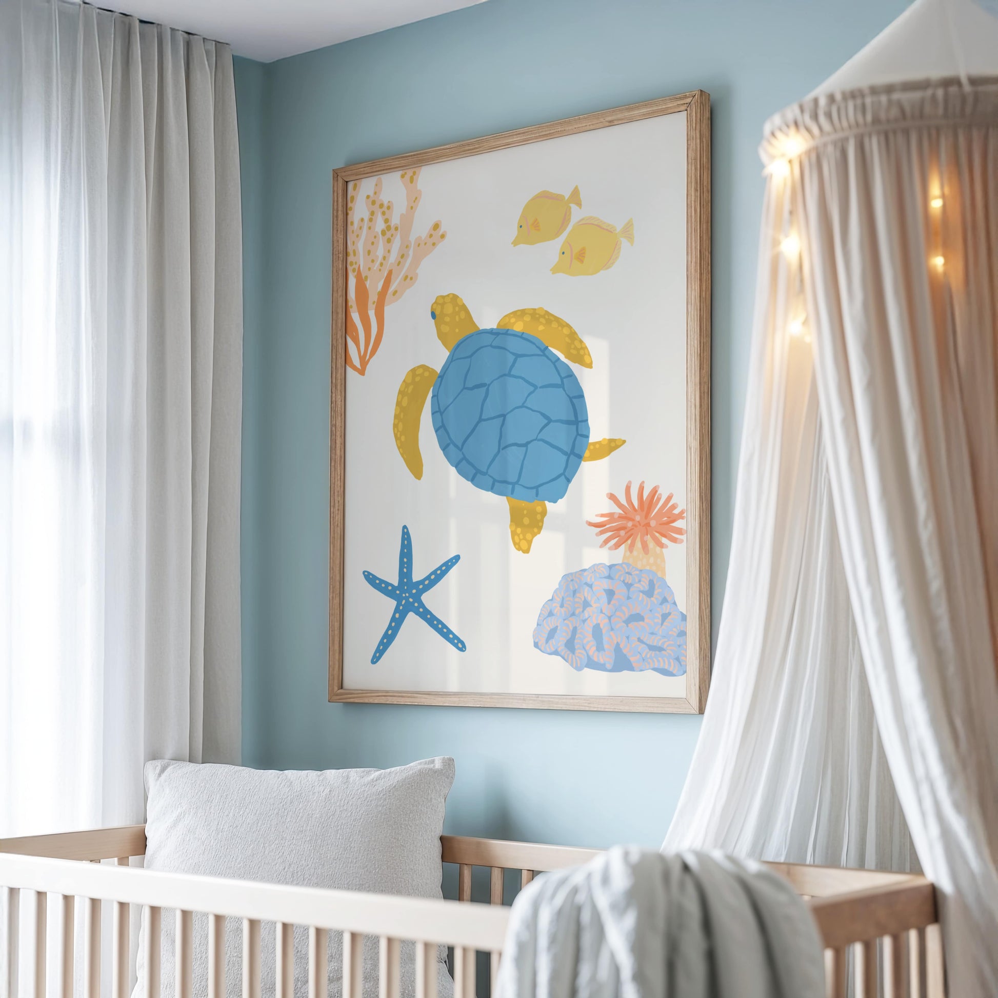 Cute ocean-themed art print for children featuring a friendly sea turtle – perfect for creating a fun and cohesive under-the-sea theme with other sea animal prints