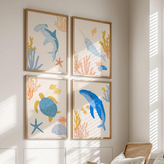 Set of four framed illustrations of marine life for kid's room wall