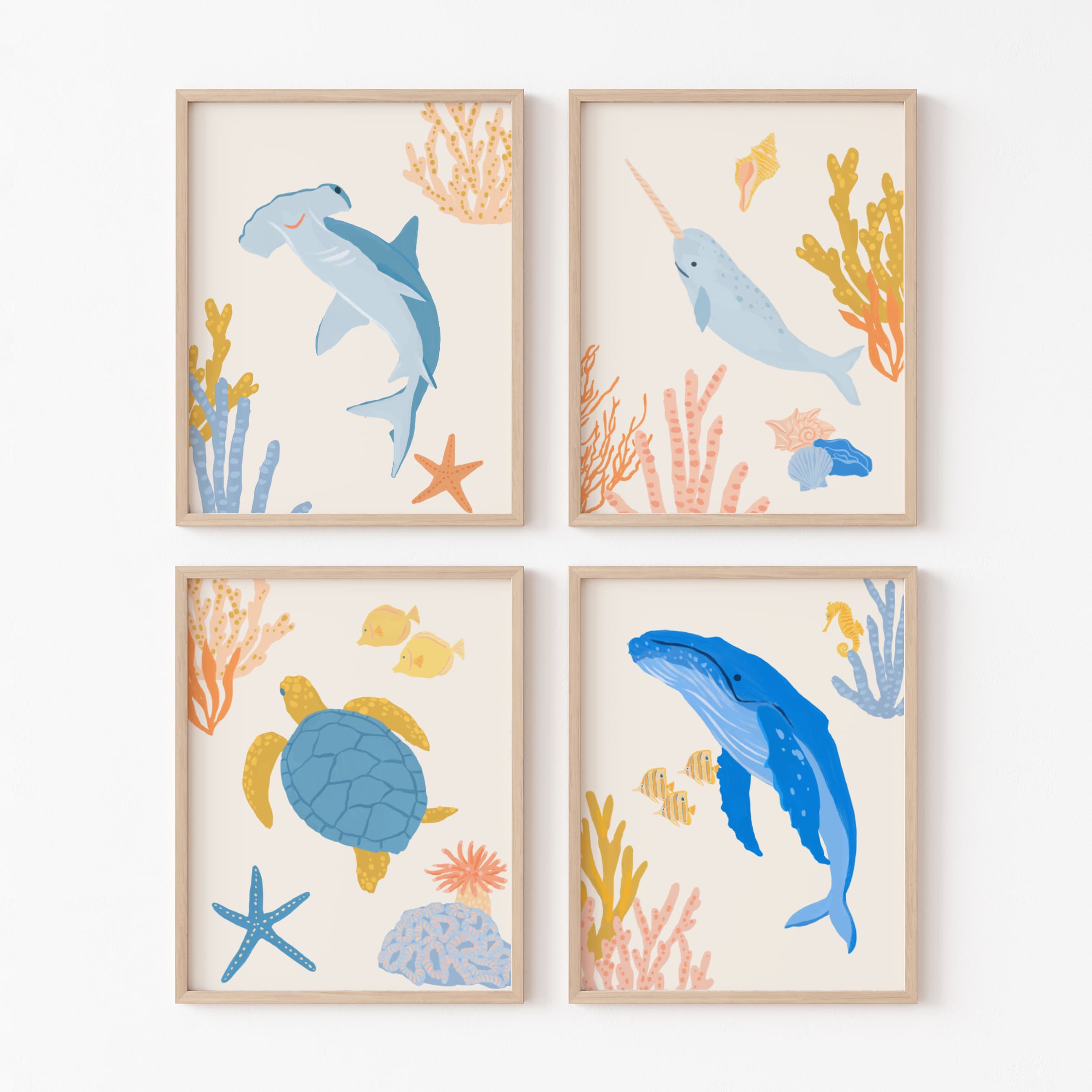 Ocean Animal Wall Art – Set of 4 Sea Creature Prints for Kids by