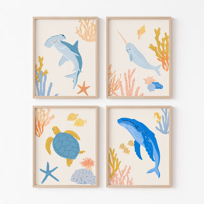 Ocean Animal Art Prints – Set of 4