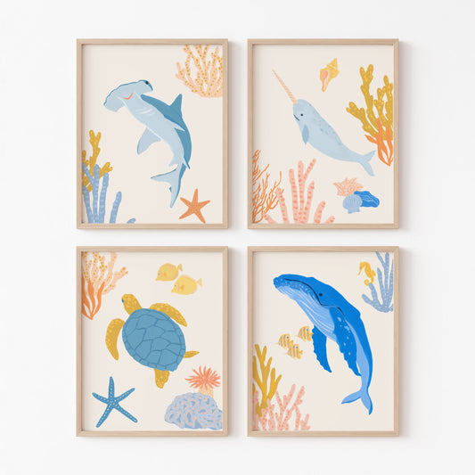 Ocean Animal Art Prints – Set of 4
