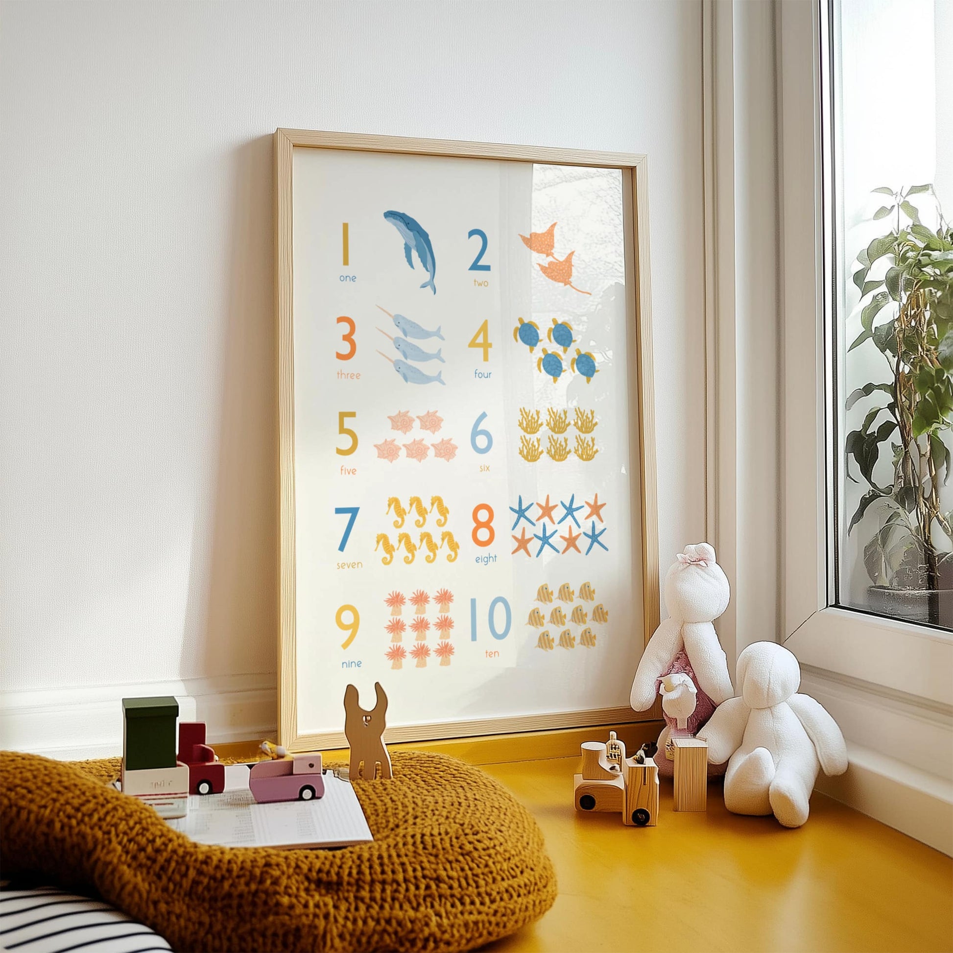 Engaging and educational art print featuring sea animals with corresponding numbers – fun and interactive counting illustration for kids' rooms, perfect for learning numbers