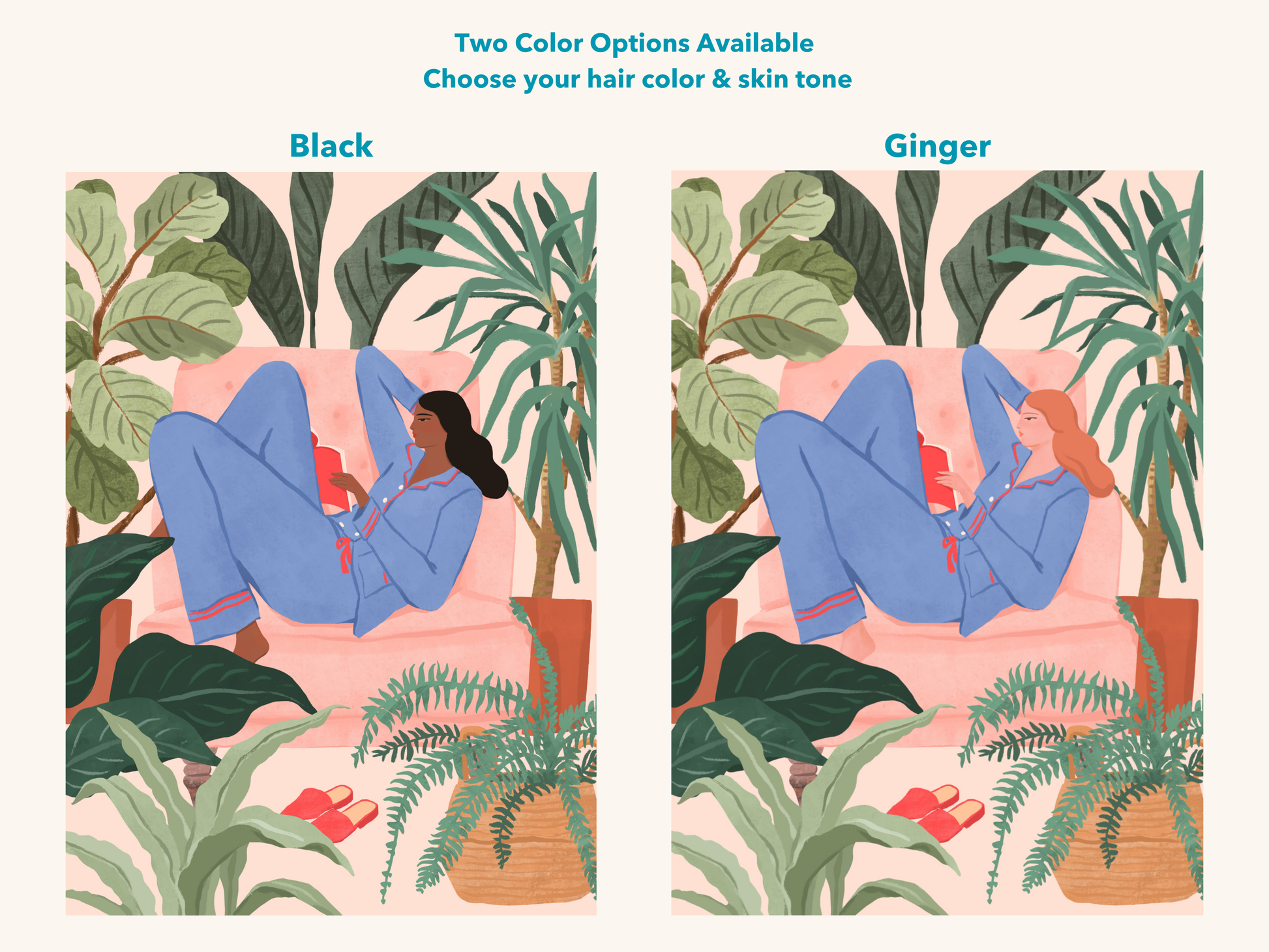 Illustration of a woman reading a book on a pink sofa surrounded by houseplants in a cozy room