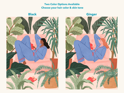 Illustration of a woman reading a book on a pink sofa surrounded by houseplants in a cozy room