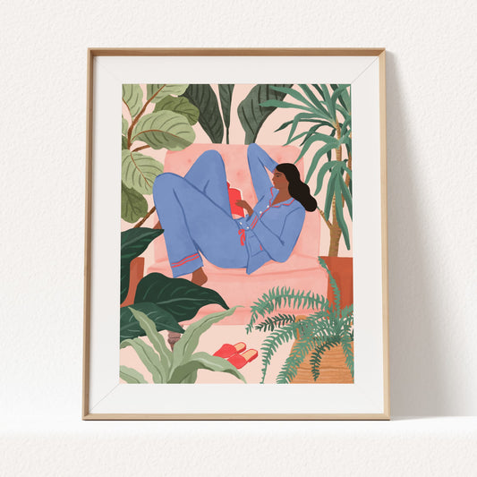 Illustration of a woman reading a book on a pink sofa surrounded by houseplants in a cozy room