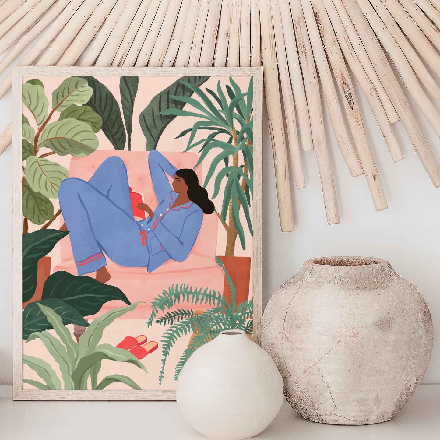 Illustration of a woman reading a book on a pink sofa surrounded by houseplants in a cozy room