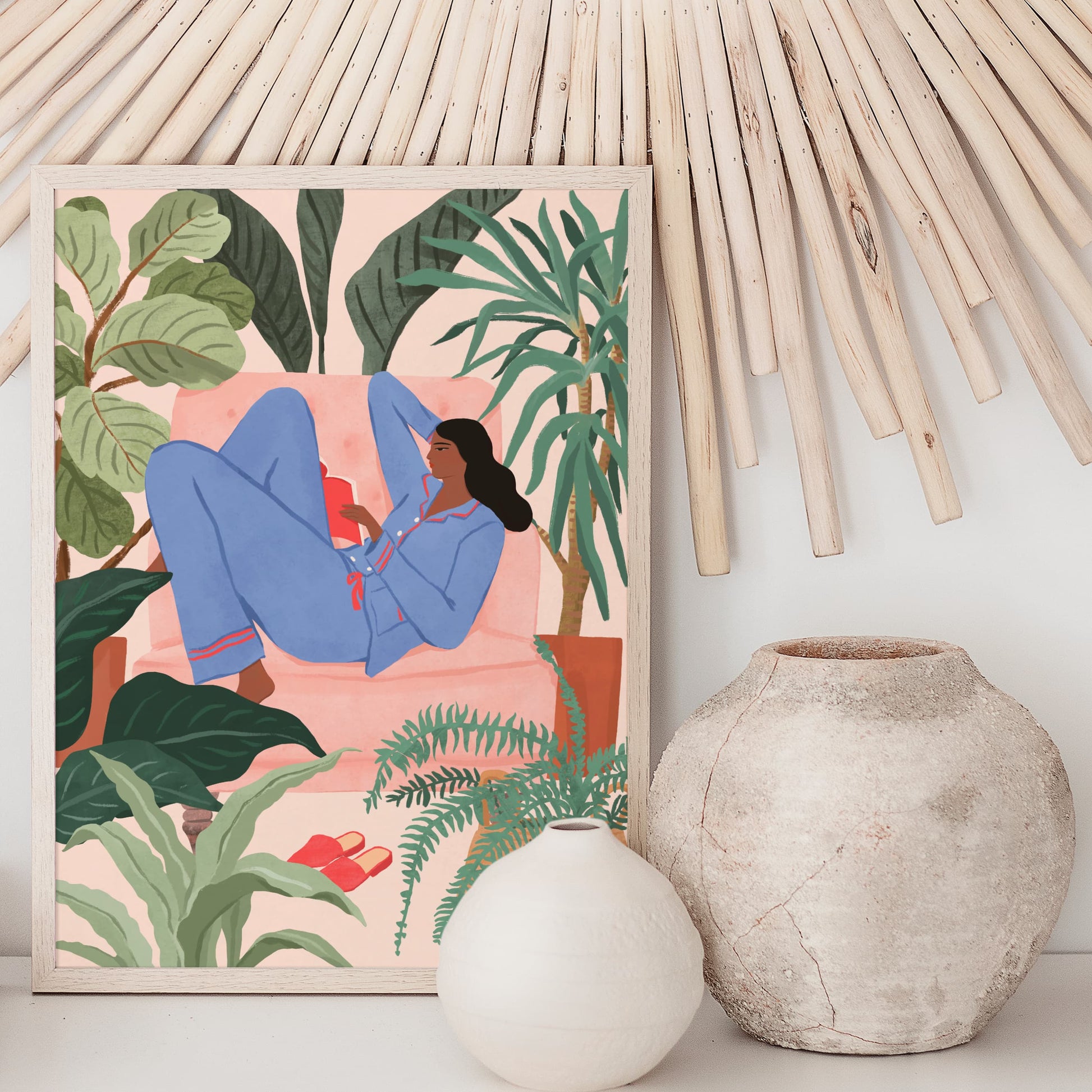 Illustration of a woman reading a book on a pink sofa surrounded by houseplants in a cozy room